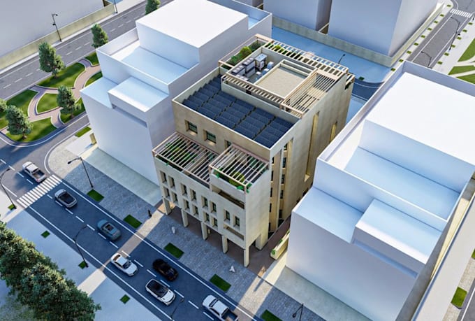detailed cgi residential complex render,rooftop solar panel,site building tower