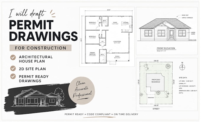 draft permit drawings for construction, architectural house plan, 2d site plan