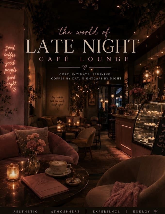 create a cozy late night cafe brand concept