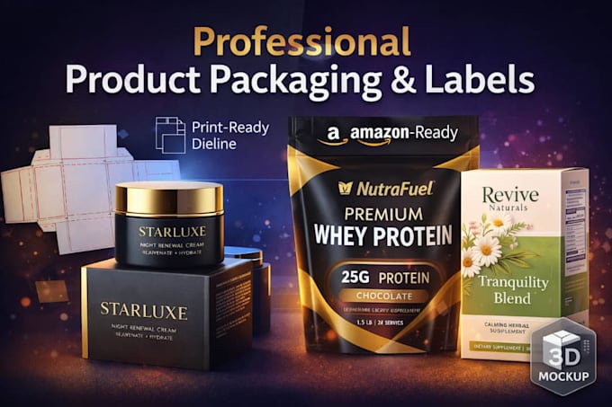 design product packaging, label, box, and amazon packaging design with 3d mockup