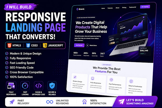 build a responsive landing page using HTML CSS javascript