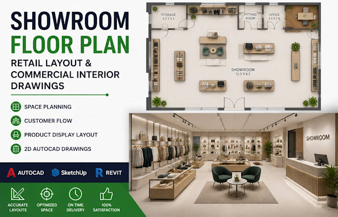design showroom floor plan, retail layout and commercial interior drawings