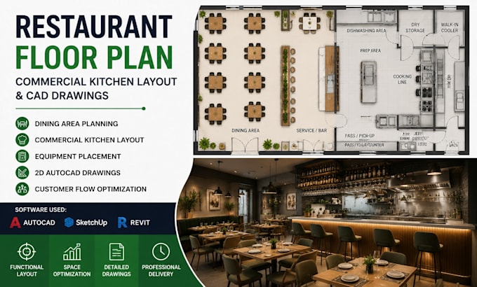 design restaurant floor plan, commercial kitchen layout and cad drawings