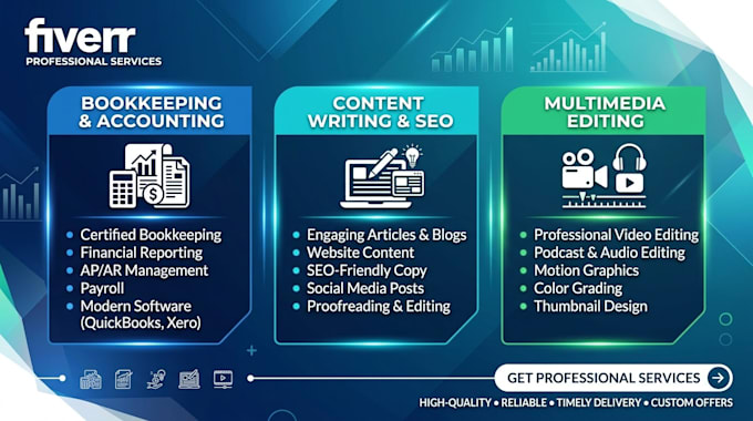 provide professional bookkeeping , content writing, and multimedia editing servi