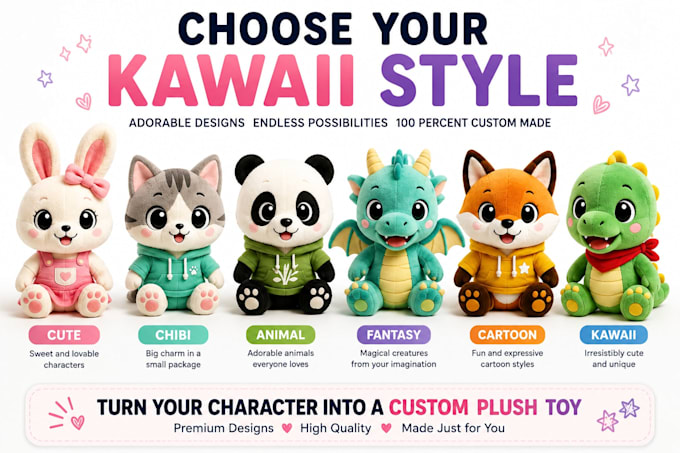 create kawaii custom plush toys, chibi characters, and cute mascots
