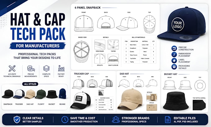 fashion designer hat cap tech pack snapback trucker cap technical drawing
