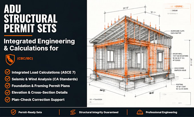 design adu permit set with structural drawings and load calculations