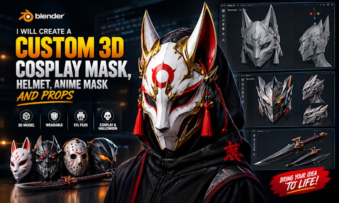 design custom anime cosplay and halloween masks,  helmets, props and stl files