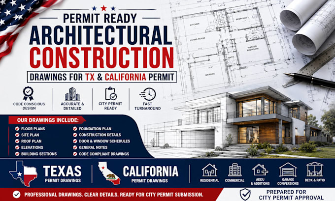 draft permit ready architectural construction drawings for tx california permit