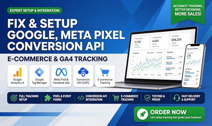 setup google meta pixel, conversion API, event tag manager tracking facebook ads