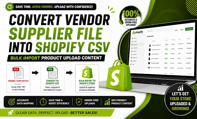 convert vendor supplier file into shopify CSV bulk import product upload content