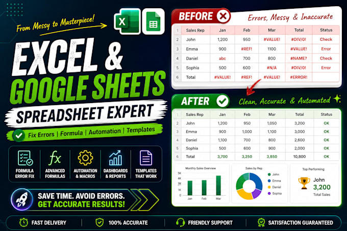 fix excel spreadsheet, formula error and google sheet