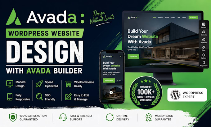 design wordpress website using avada builder, avada theme expert, woocommerce