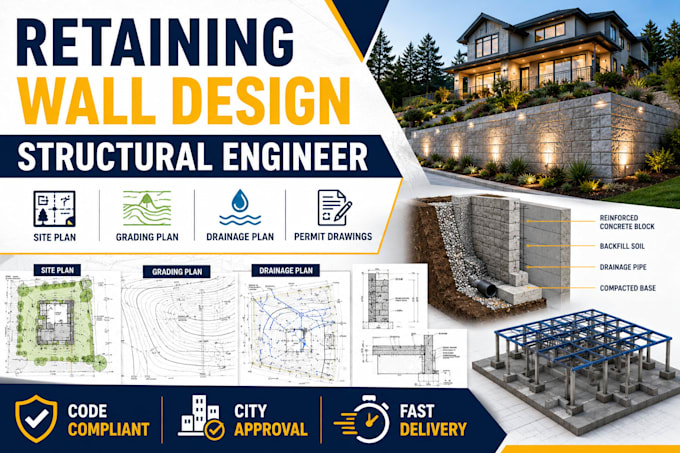 retaining wall design, drainage plans, slab design deck beam structural engineer