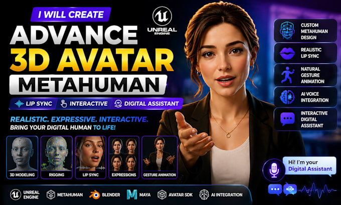 create advance 3d avatar metahuman, lip sync, interactive digital assistant