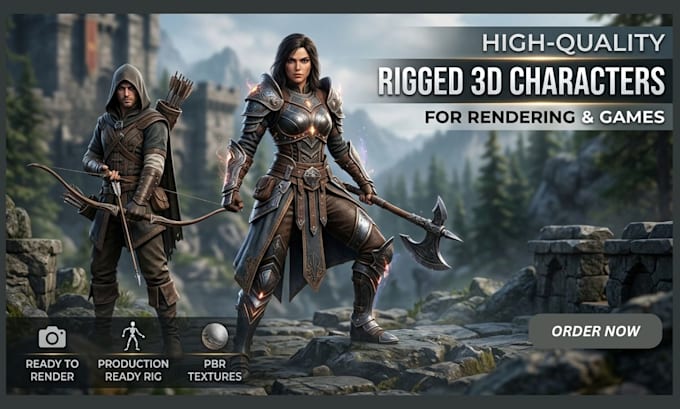 create a high quality rigged 3d game characters models for rendering