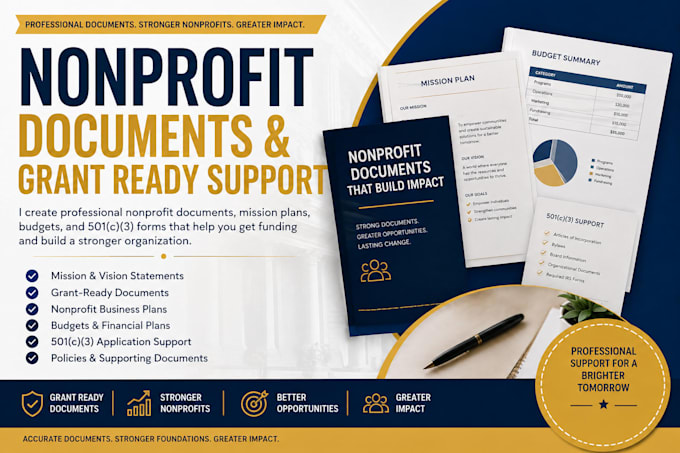 prepare nonprofit documents, grant proposals, budgets, and 501c3 forms