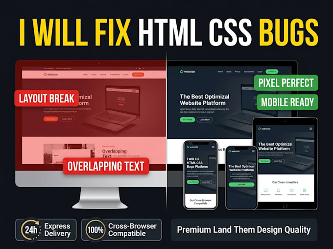 fix html css javascript bugs and responsive web layout issues