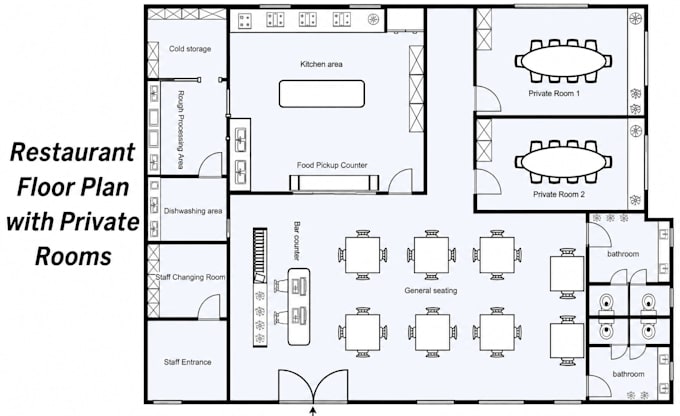 design restaurant floor plan, commercial kitchen, seating layout, and 3d render