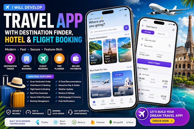 develop travel app with destination finder, hotel and flight booking options