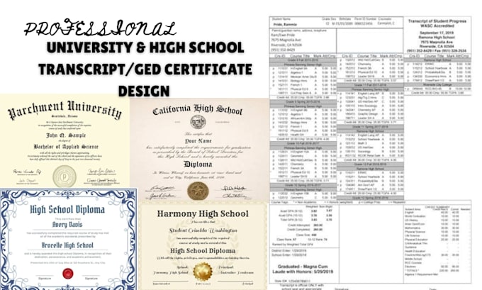 design high school or university transcript, diploma, college, ged certificate