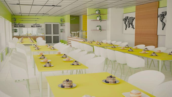 design realistic 3d school canteen and cafeteria interior