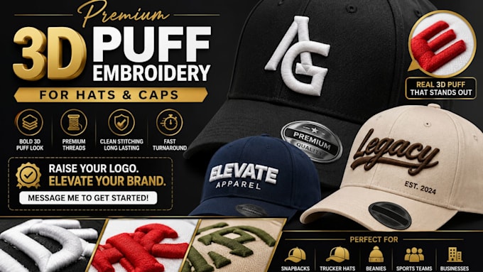 create premium 3d puff embroidery for hats and caps
