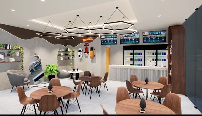 3d commercial space design,coffee lounge interior layout render, cafe restaurant