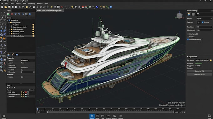create 3d ship model, beat model, marine, rendering, yacht design and stl file