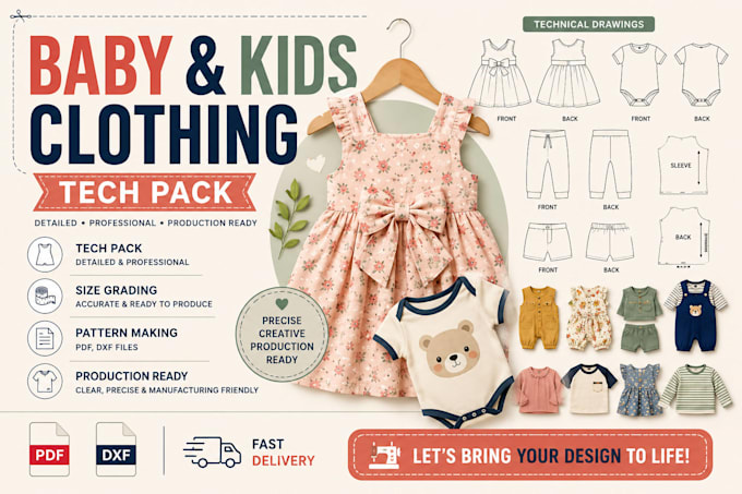create kids and baby clothing tech pack sewing pattern and pattern making