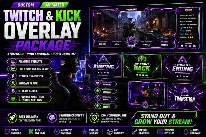 design a custom kick and animated twitch overlay and professional stream