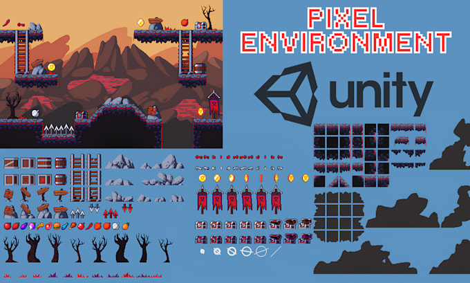 make 2d platformer pixel environment asset, topdown tileset, tilemap scene unity