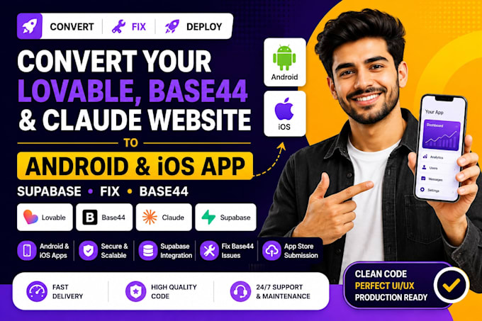 convert lovable, base44 to android, ios app claude website supabase fix base44