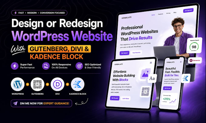 design or redesign wordpress website with gutenberg block, divi, kadence block