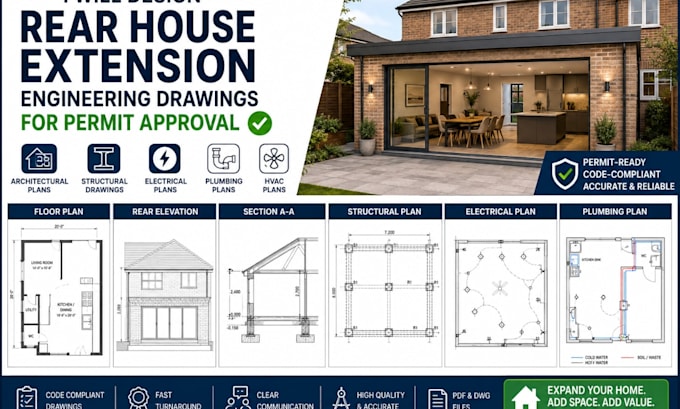 design rear house extension engineering drawings for permit approval