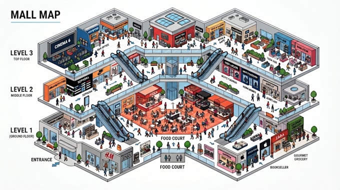 l design a shopping mall or hospital wayfinding map