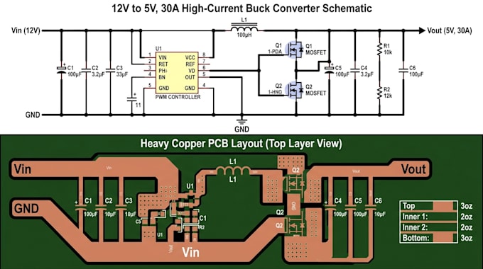 design heavy copper power pcb schematic and layout for high current implementing