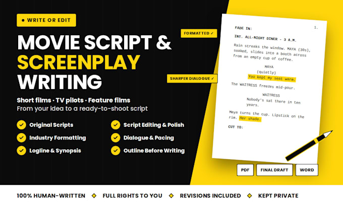 write or edit your movie script, screenplay, TV pilot script, short film script