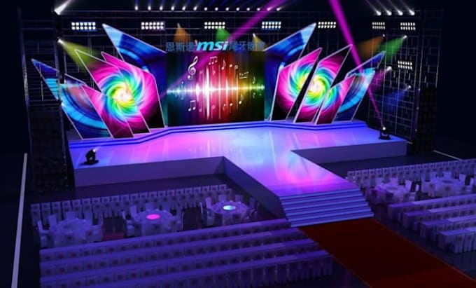 design 3d event stage, stage lighting, podium, dmx lighting, event visualization