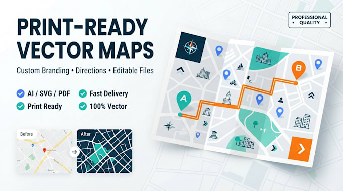 design a print ready vector map with custom branding and directions