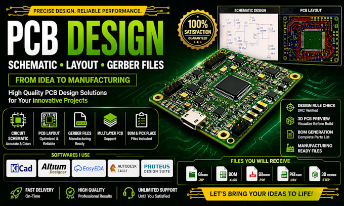 create pcb layout, circuit schematic and manufacturing files