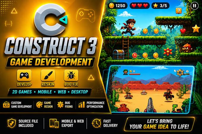 create 2d construct 3 online game development, web game, html5 game and fix bugs