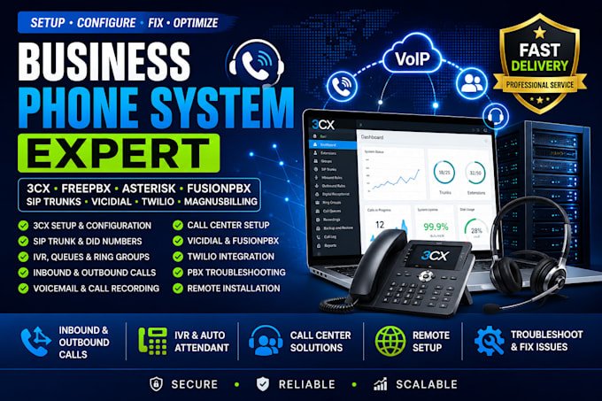setup, configure, fix 3cx, freepbx, asterisk, fusionpbx, voip and sip trunks