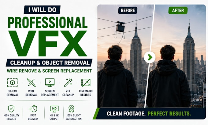 do professional vfx cleanup object removel wire remove and screen