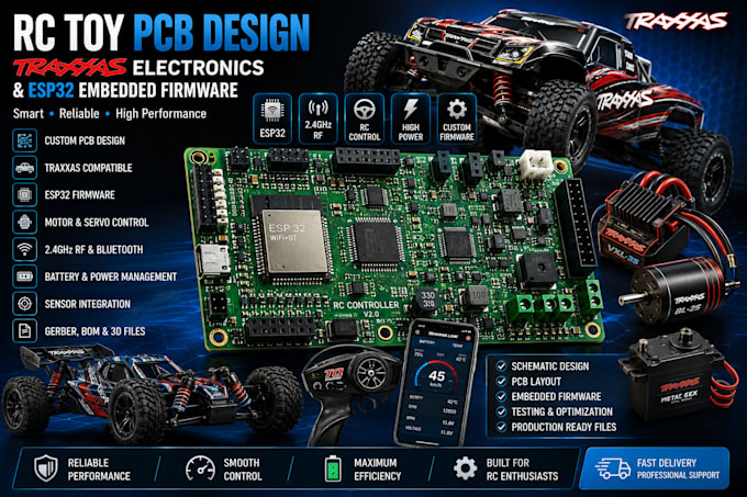 design rc toy pcb, traxxas electronics and esp32, embedded firmware