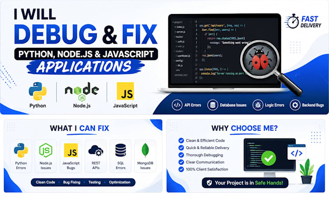 fix bugs in your python node js javascript project