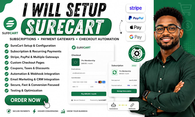 setup surecart subscriptions payment gateways and checkout automation