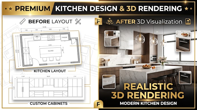 design kitchen layout, cabinets, and realistic 3d kitchen rendering