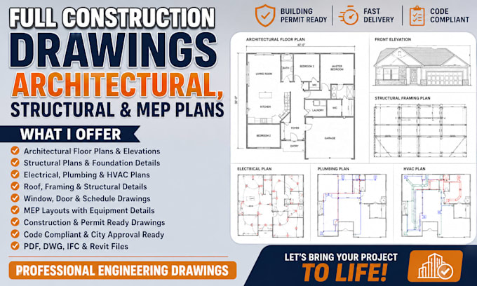 draw stamp full construction drawing with architectural, structural and mep plan
