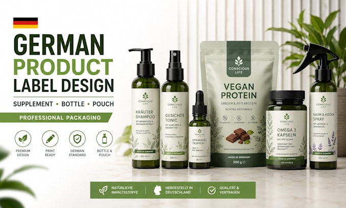 design german product label, supplement label, bottle and pouch packaging design